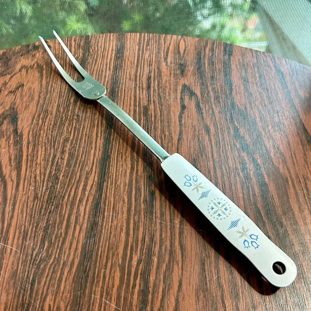 Vintage EKCO Carving Fork – White & Black Handle with Blue Folk Art Design